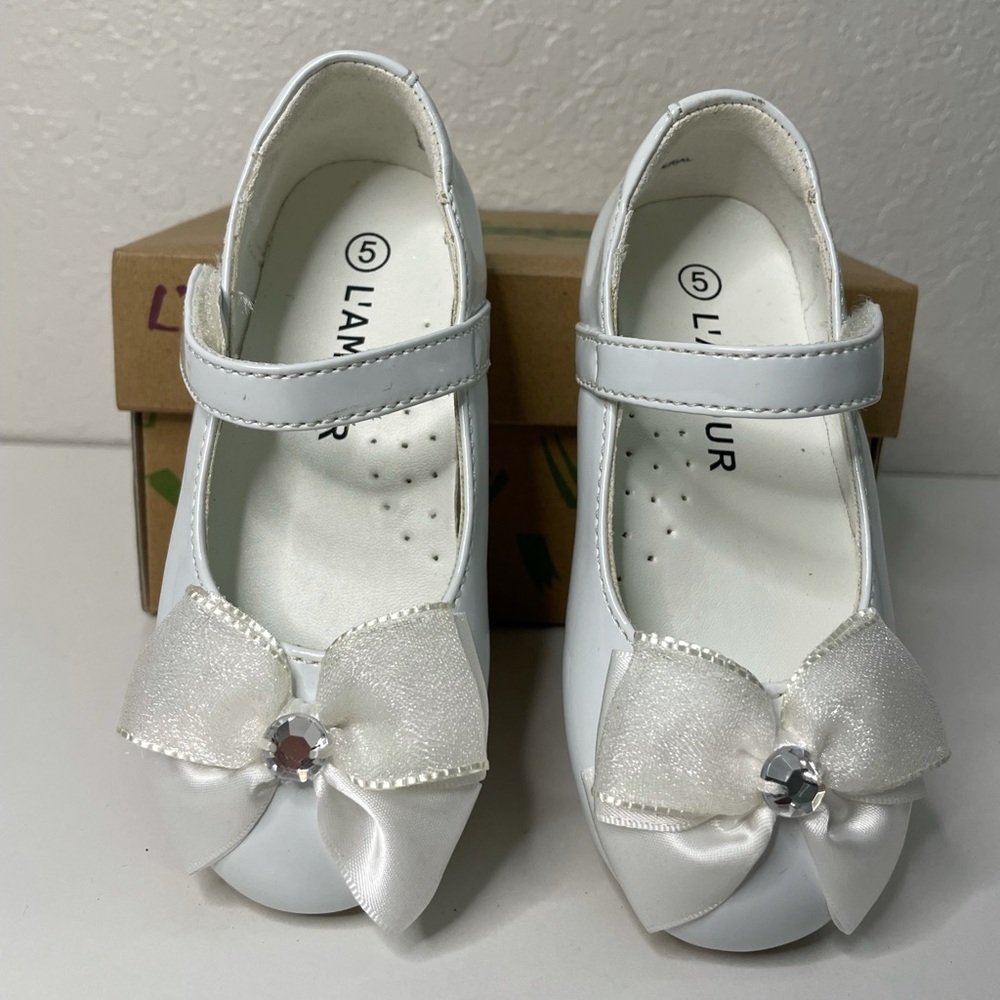 L’Amour Girls’ Flat Toddler Dress Shoe Bow NIB